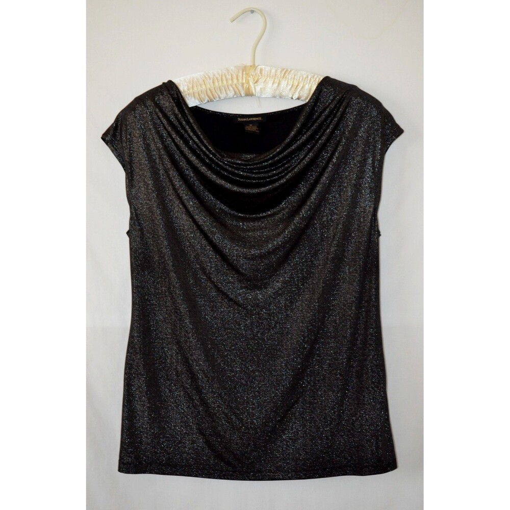 Susan Lawrence Sz M Knit Drape Neck Pullover Top Black Silver Sparkle Woven In